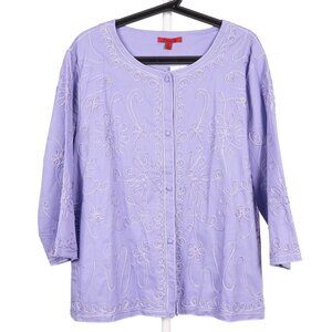 Joni B Jacket Blouse XL Womens Violet Embroidered Swirl Button Front 3/4 Sleeve